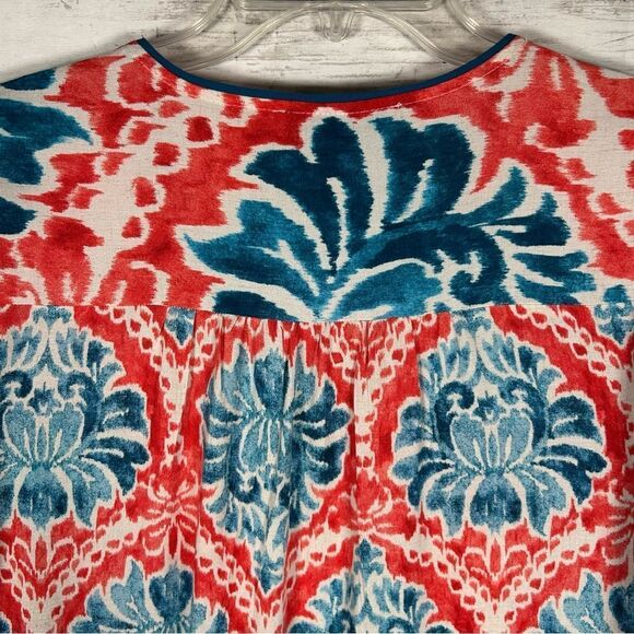 Figueroa & Flower Puff Sleeve Bohemian Maxi Ruffle Hem Coral Turquoise Dress L - Picture 11 of 11